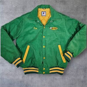 Rennoc Green Corduroy Badger Varsity Jacket Mens Medium Quilted Lined Snap Front